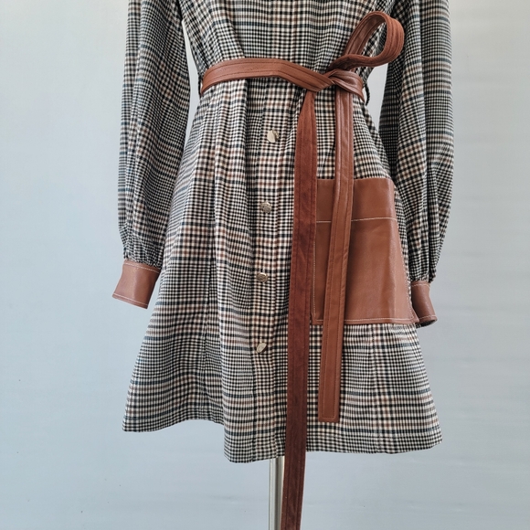 STAUD Plaid Mini Dress Size 8 Glen Check Gray Brown Faux Leather Minimalist Boho - Picture 4 of 16
